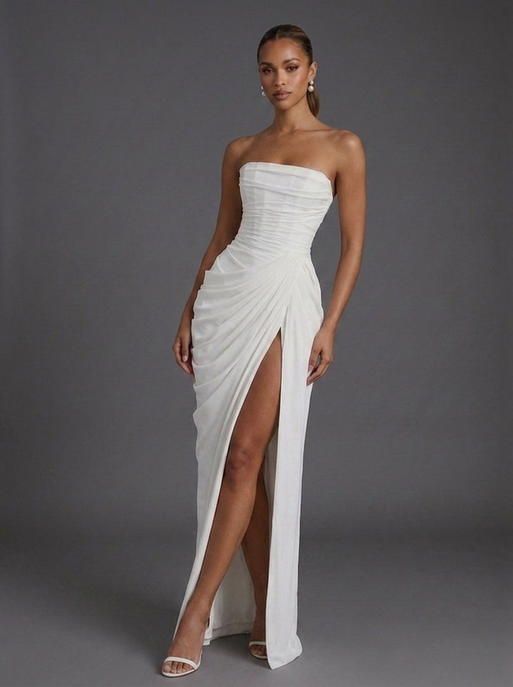 Florence strapless gastenjurk met korsetlijfje en split foto 7