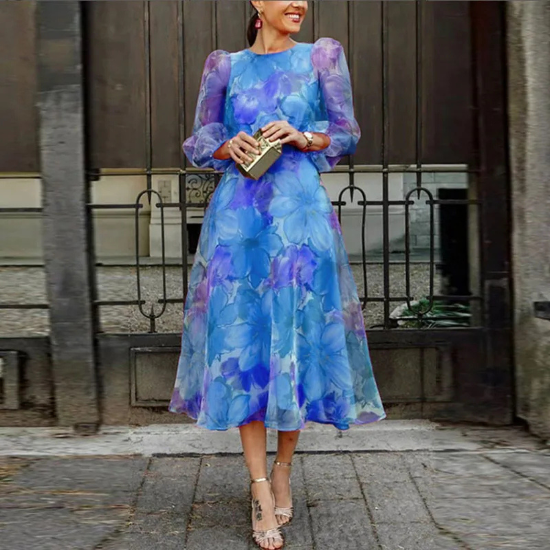 Dames bloemen midi-jurk voor bruiloftsgasten in Blauw