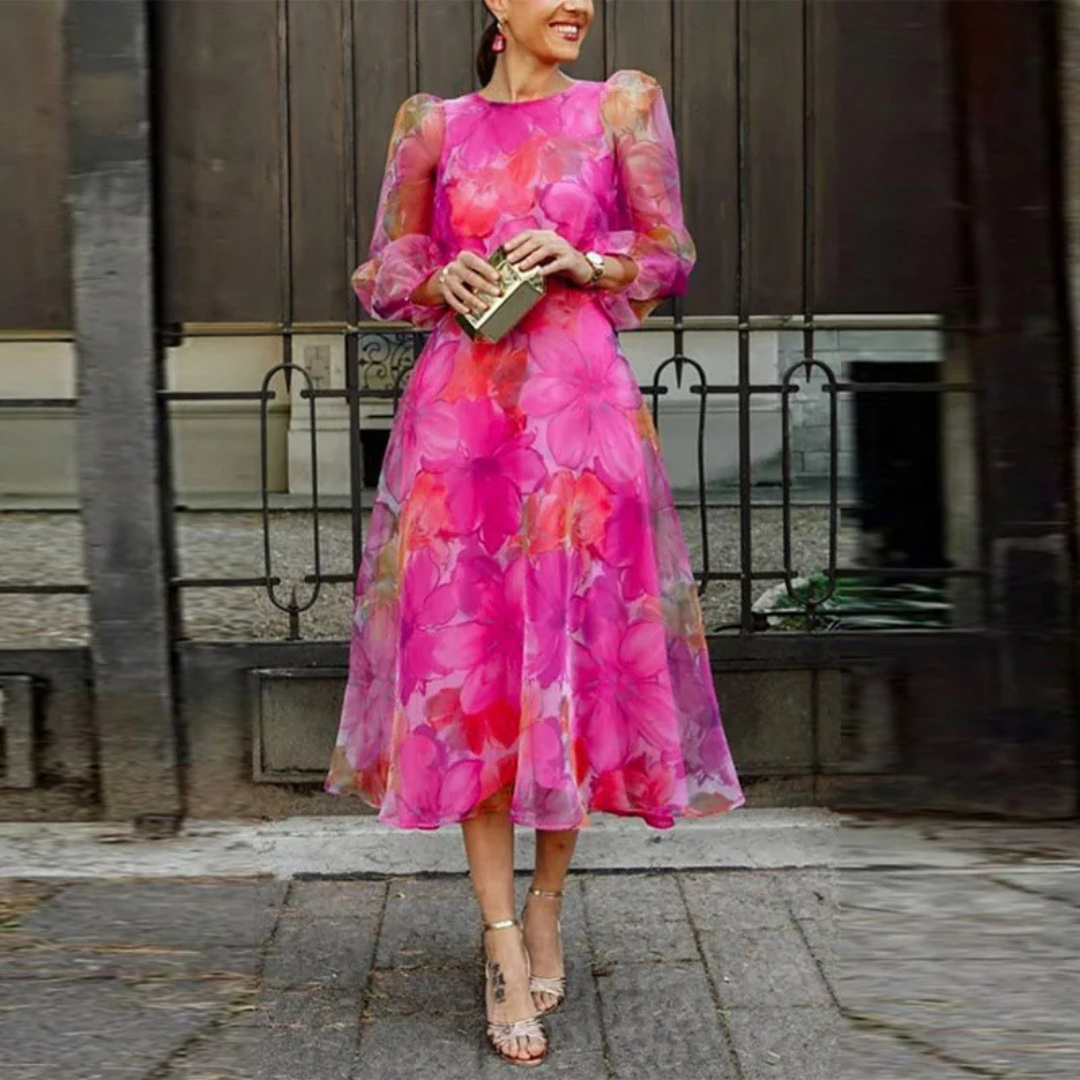 Dames bloemen midi-jurk voor bruiloftsgasten in Roze