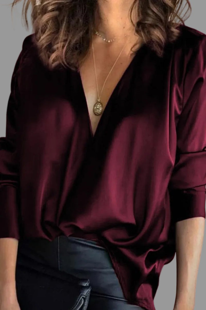 Dames Blouse van Satijn met Lange Mouwen in Bordeaux