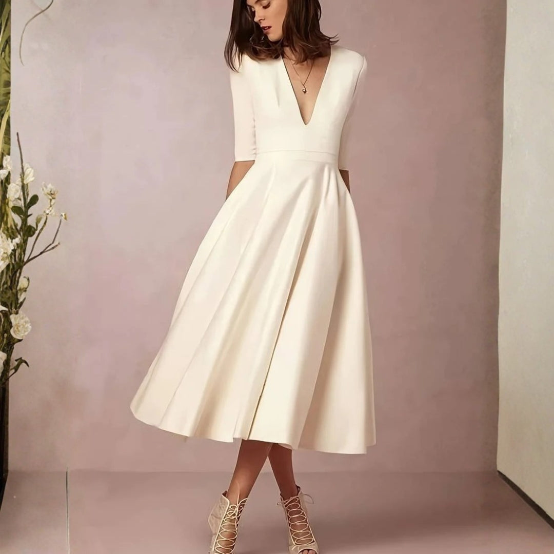 Dames bruiloftsgast elegante uitlopende midi-jurk in Wit 3