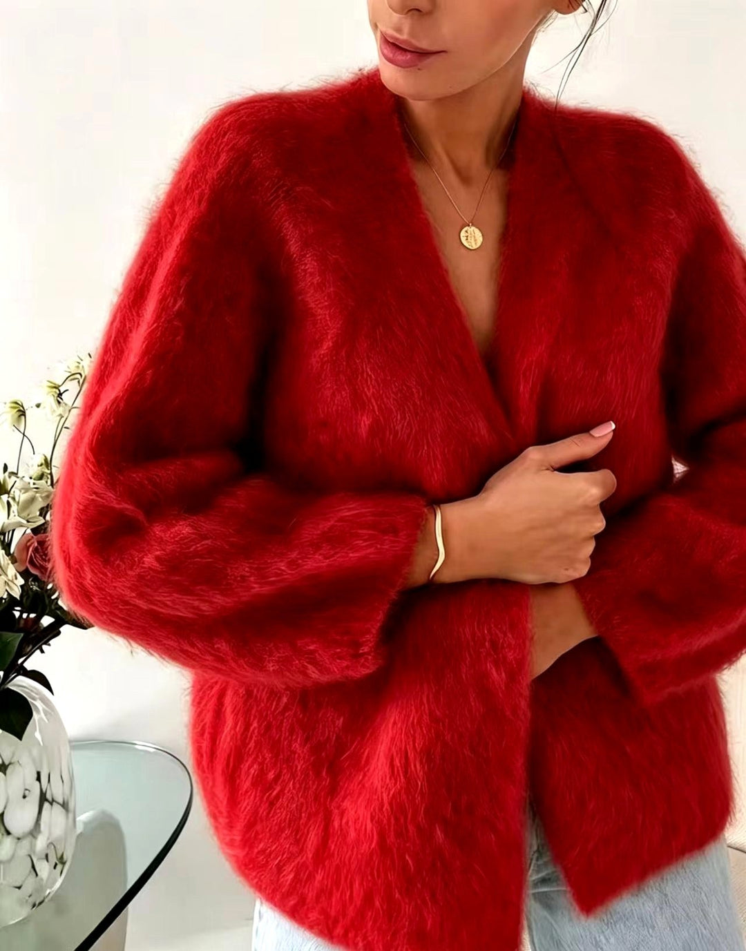 Dames Coltrui Oversized in Pluizige Stof voor Kerst in Rood