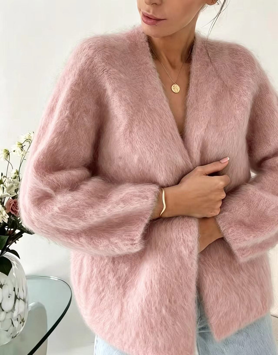 Dames Coltrui Oversized in Pluizige Stof voor Kerst in Roze