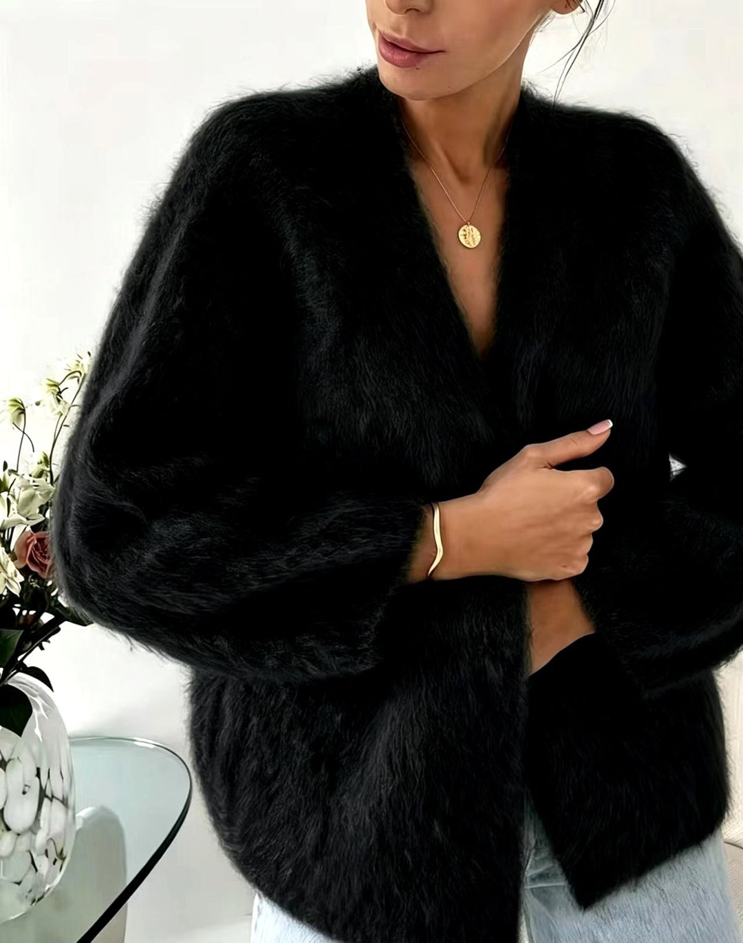 Dames Coltrui Oversized in Pluizige Stof voor Kerst in Zwart