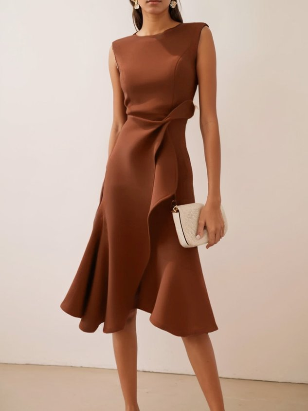 Dames Elegante Asymmetrische Midi Zomerkleed in Kaffee