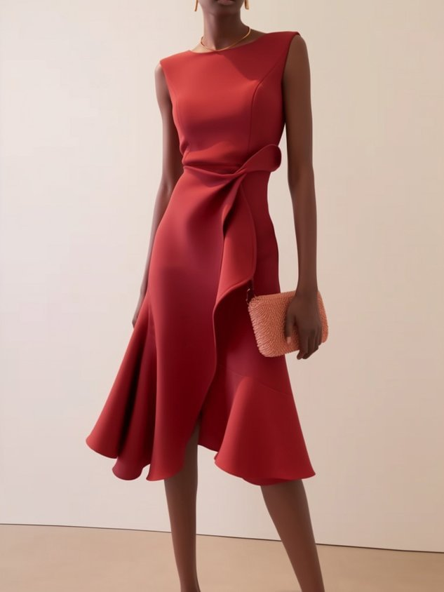 Dames Elegante Asymmetrische Midi Zomerkleed in Rood