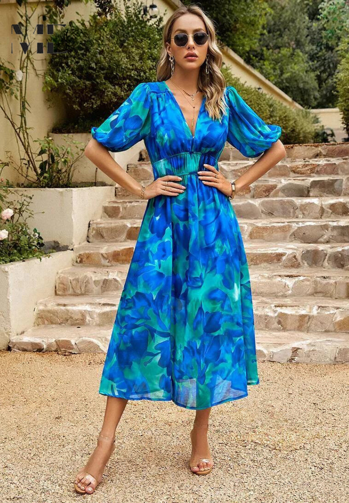 Dames elegante midijurk voor bruiloftsgasten in Blauw 1