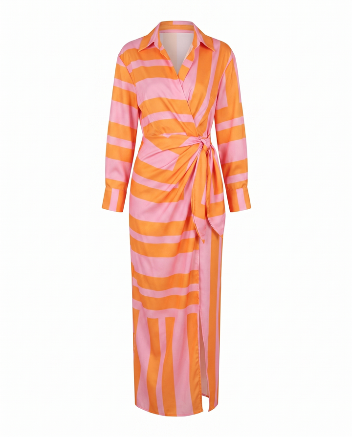 Dames Elegante Zomerjurk Maxi Bladerprint in Oranje 2