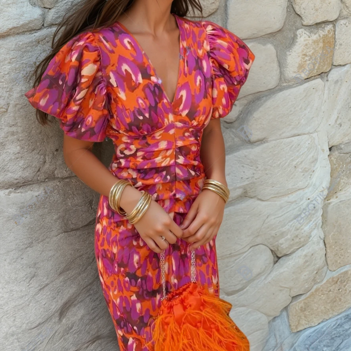 Dames Feestjurk Glitter Midi V-Hals in Oranje