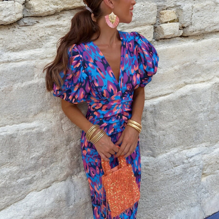 Dames Feestjurk Glitter Midi V-Hals in Paars
