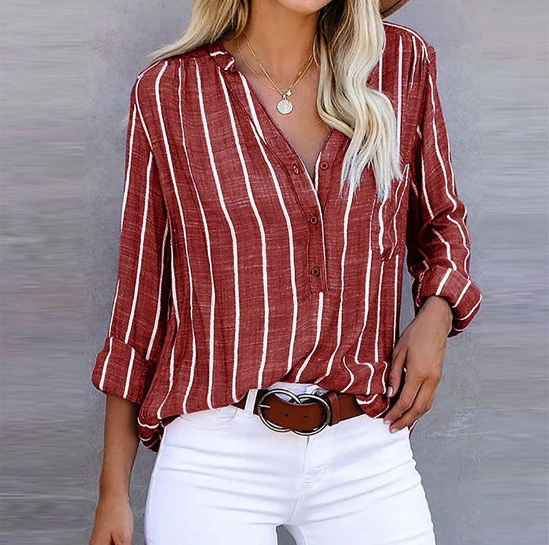 Dames Gestreepte Linnen Blouse voor Zomer in Rood