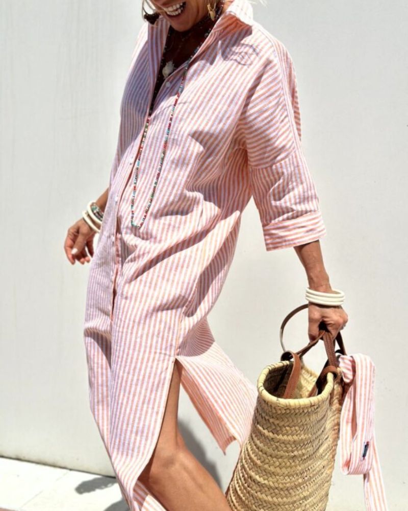 Dames gestreepte zomerjurk in blousemodel in Roze 2