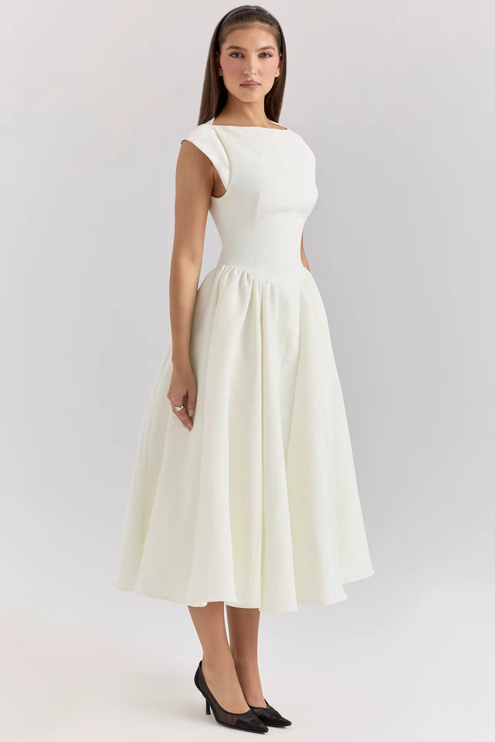Dames Klassiek Getailleerde Polyester Midi Jurk voor Bruiloftsgasten in Wit