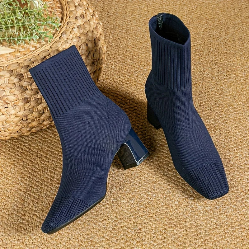 Dames laarzen gebreide tricot met blokhak in Blauw