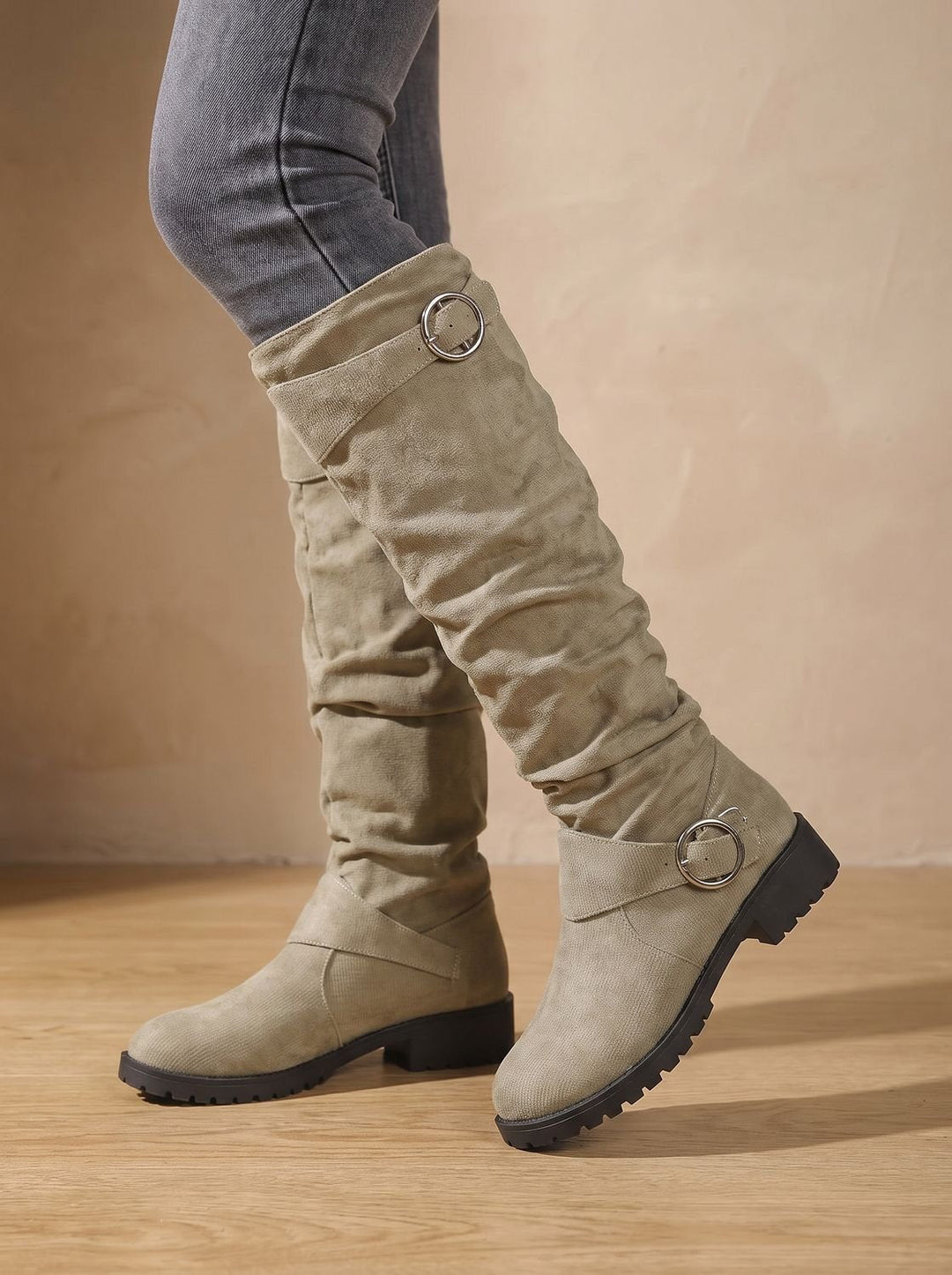 Dames Laarzen Kniehoog met Geplooide Schacht in Khaki