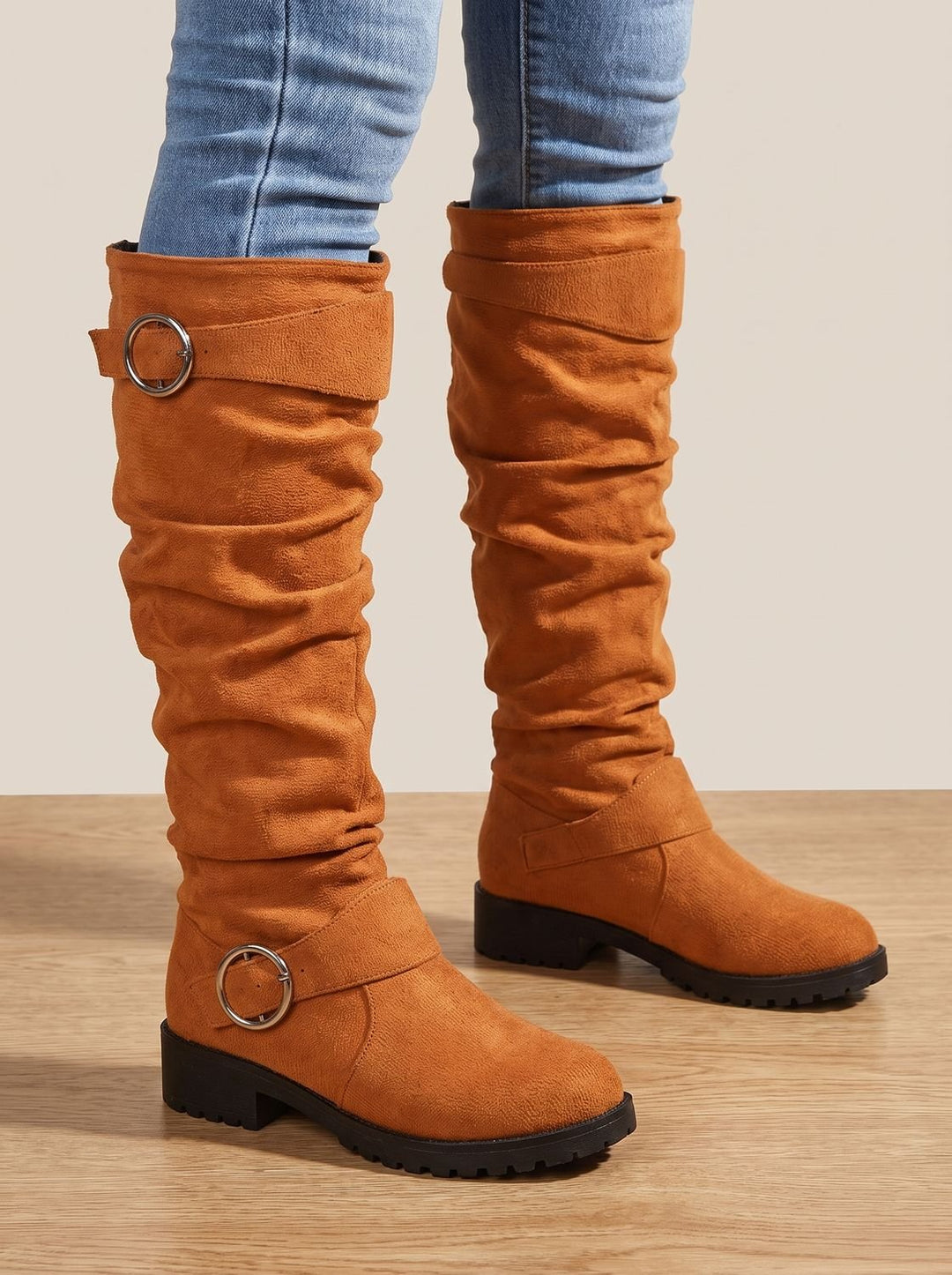 Dames Laarzen Kniehoog met Geplooide Schacht in Oranje