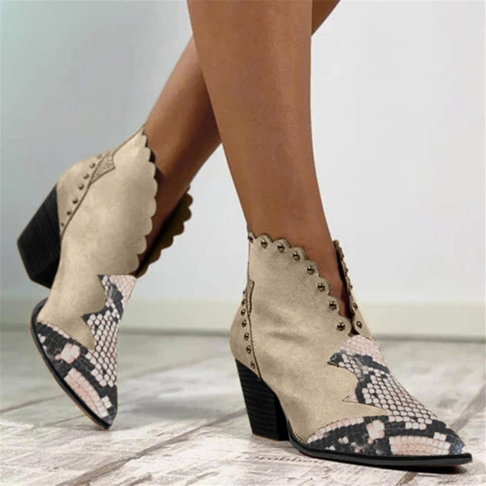 Dames Laarzen met Reptiel-Print en Blokhak in Beige