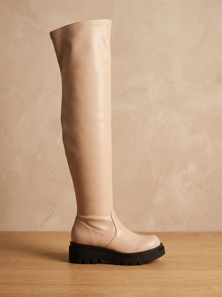 Dames Laarzen Overknee Stretch Faux-Leer Chunky Zool in Beige