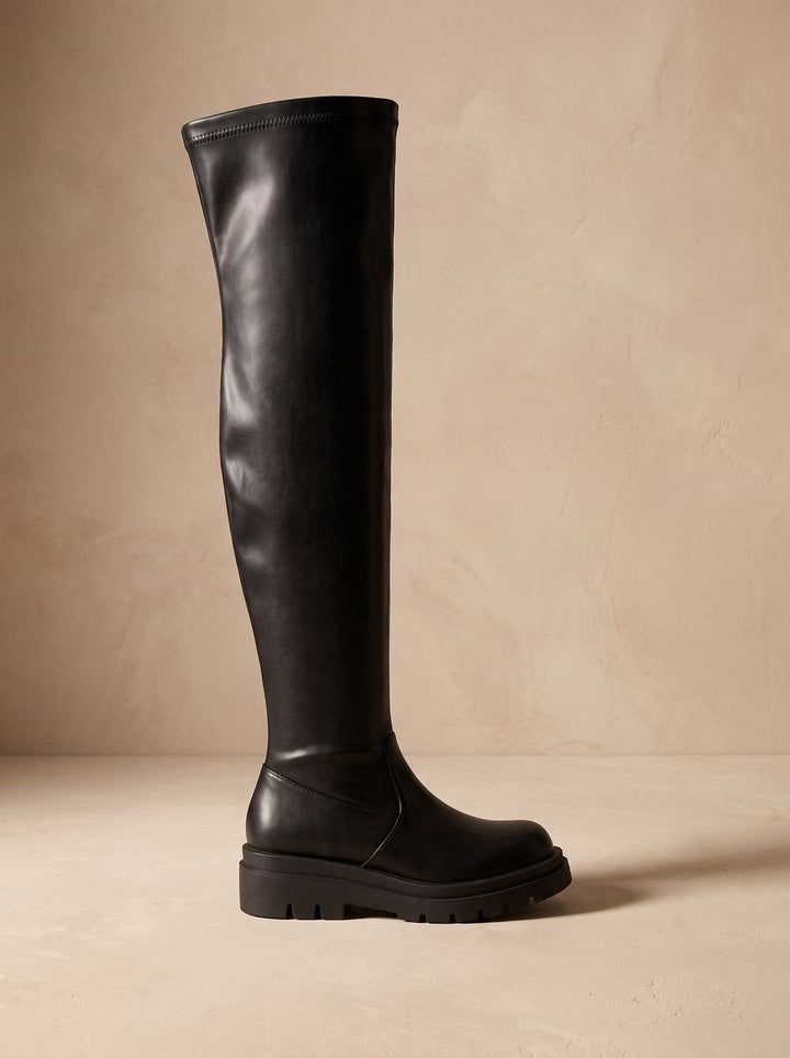 Dames Laarzen Overknee Stretch Faux-Leer Chunky Zool in Zwart