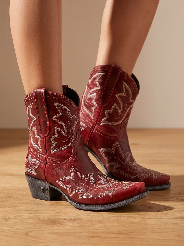 Dames Laarzen Slip-On Western Geborduurde Blokhak in Rood