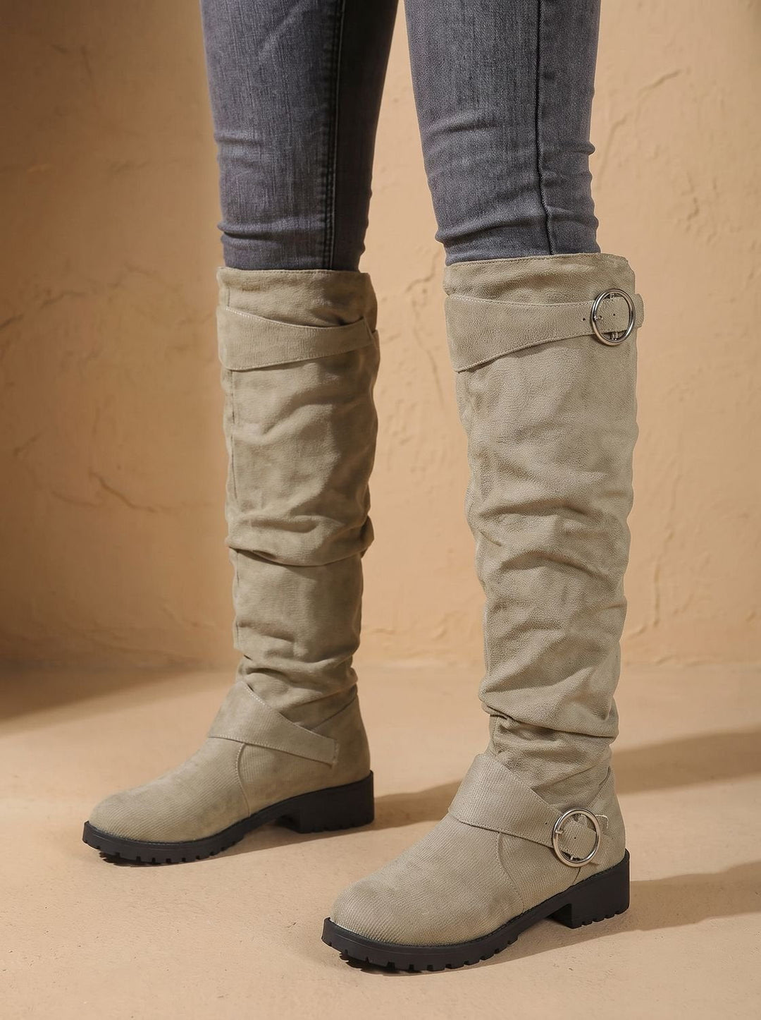 Dames Laarzen Slouchy Suède Overknee Gesp Blokhak in Khaki