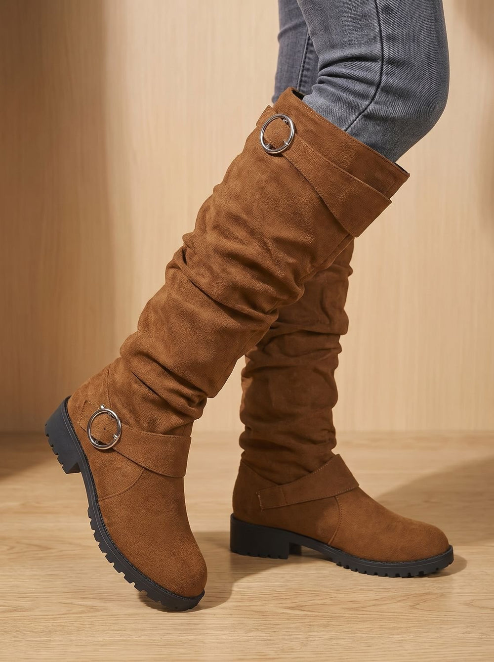 Dames Laarzen Slouchy Suède Overknee Gesp Blokhak in Lichtbruin
