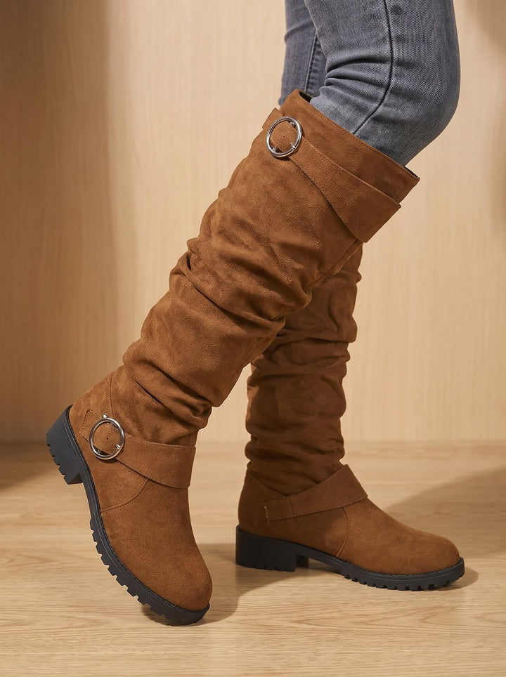 Dames Laarzen Slouchy Suède Overknee Gesp Blokhak in Lichtbruin