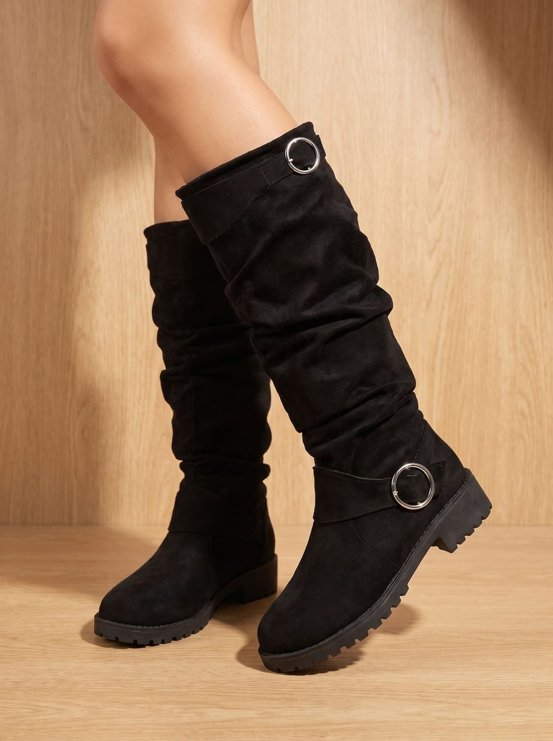 Dames Laarzen Slouchy Suède Overknee Gesp Blokhak in Zwart