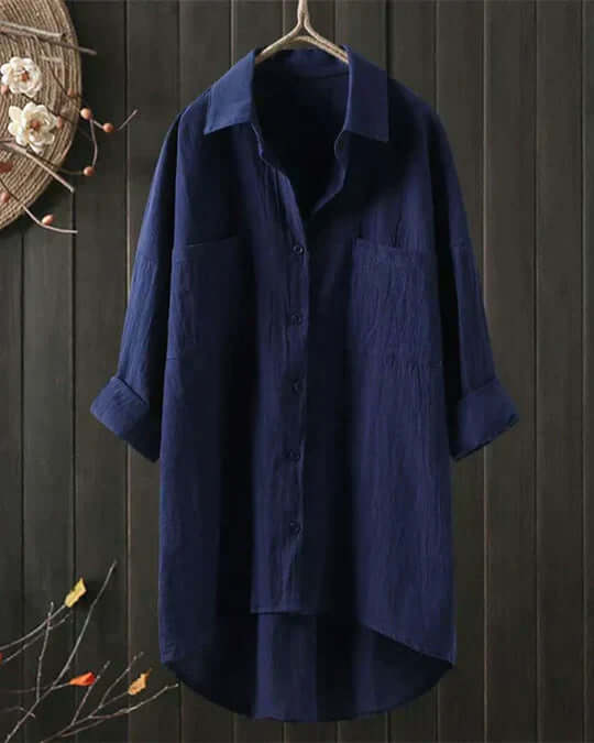 Dames linnen blouse in klassieke stijl in Blauw