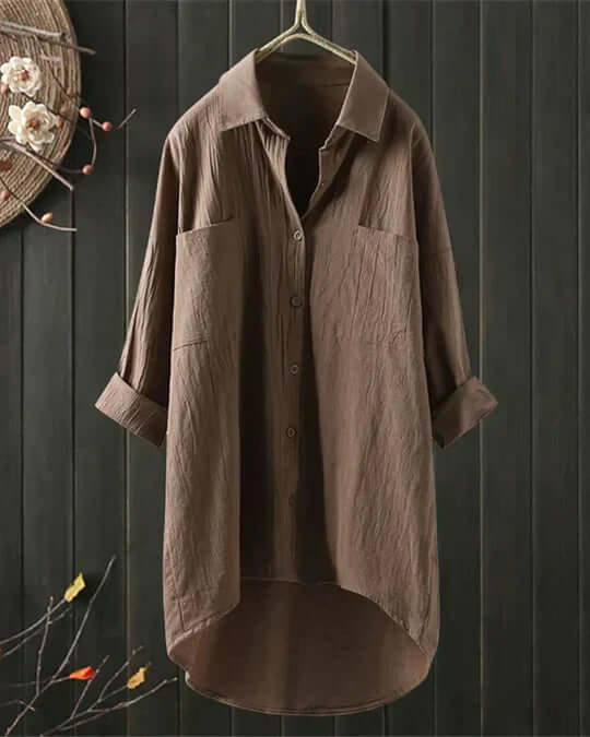Dames linnen blouse in klassieke stijl in Khaki