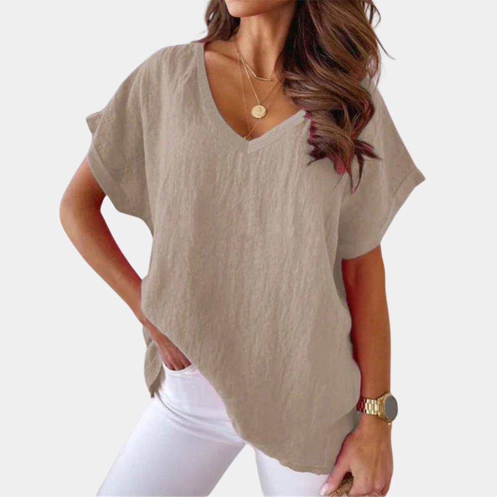 Dames linnen blouse met luchtige pasvorm in Khaki 2