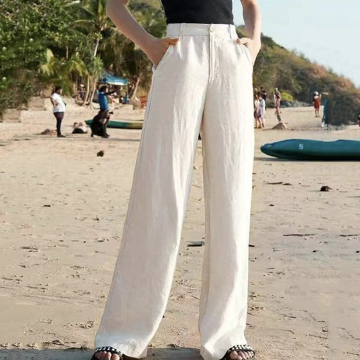 Dames Linnen Broek met Wijde Pijpen in Beige