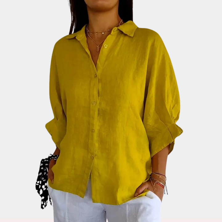 Dames losse linnen blouse met lange mouwen in Geel