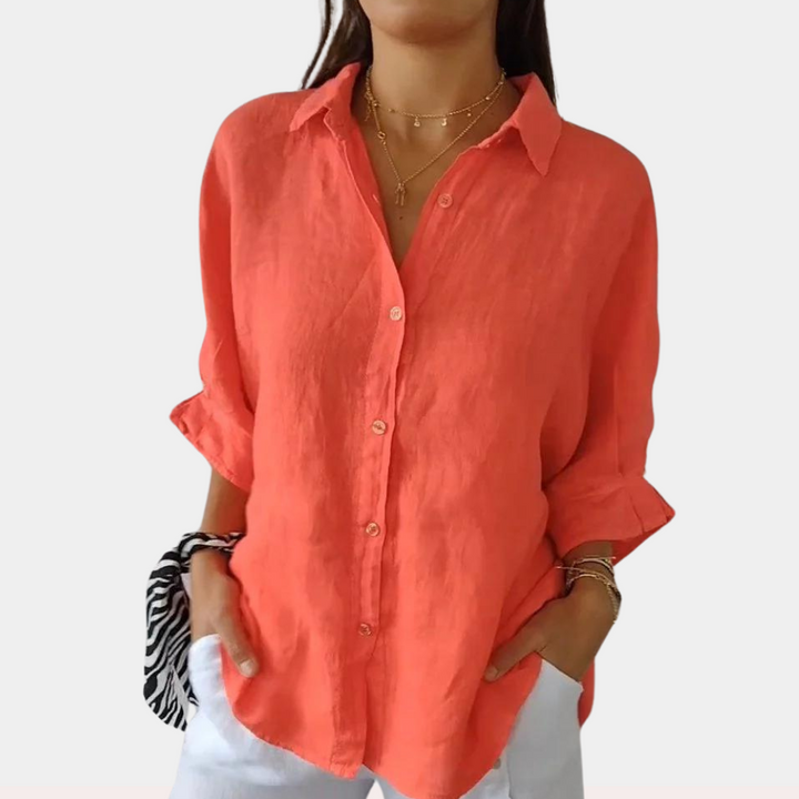 Dames losse linnen blouse met lange mouwen in Oranje