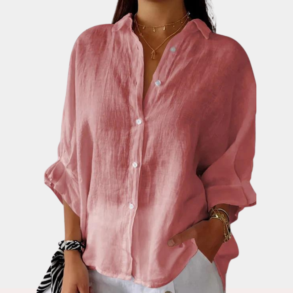 Dames losse linnen blouse met lange mouwen in Roze