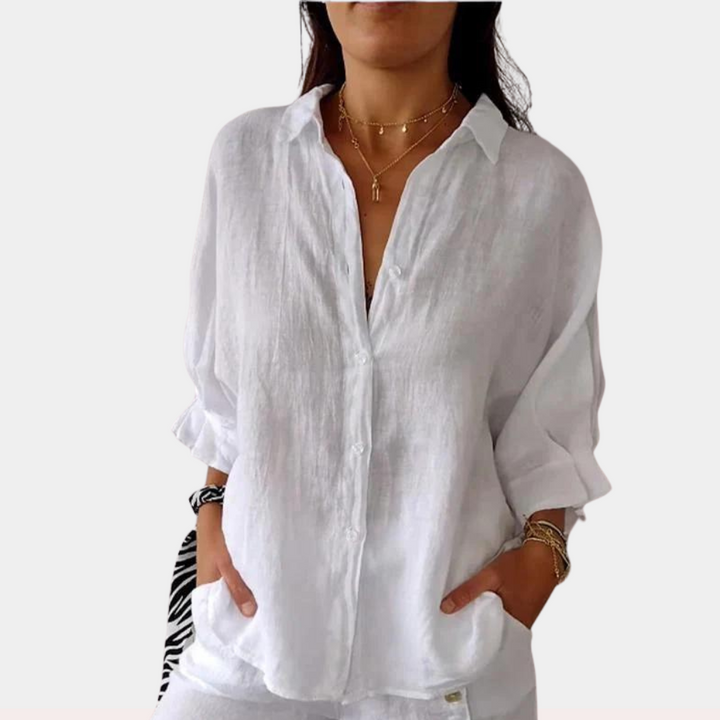 Dames losse linnen blouse met lange mouwen in Wit