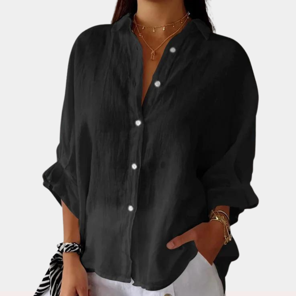 Dames losse linnen blouse met lange mouwen in Zwart