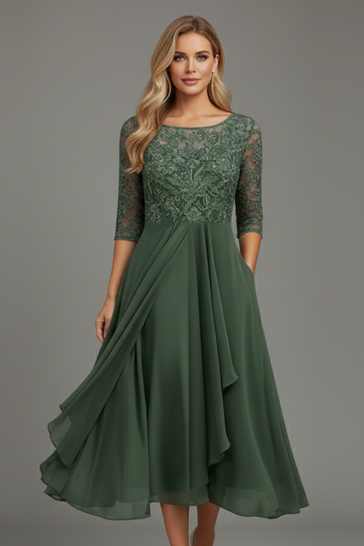 Dames midijurk met print en korte mouwen in Forest green