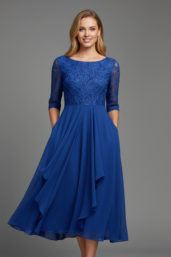 Dames midijurk met print en korte mouwen in Royal blue