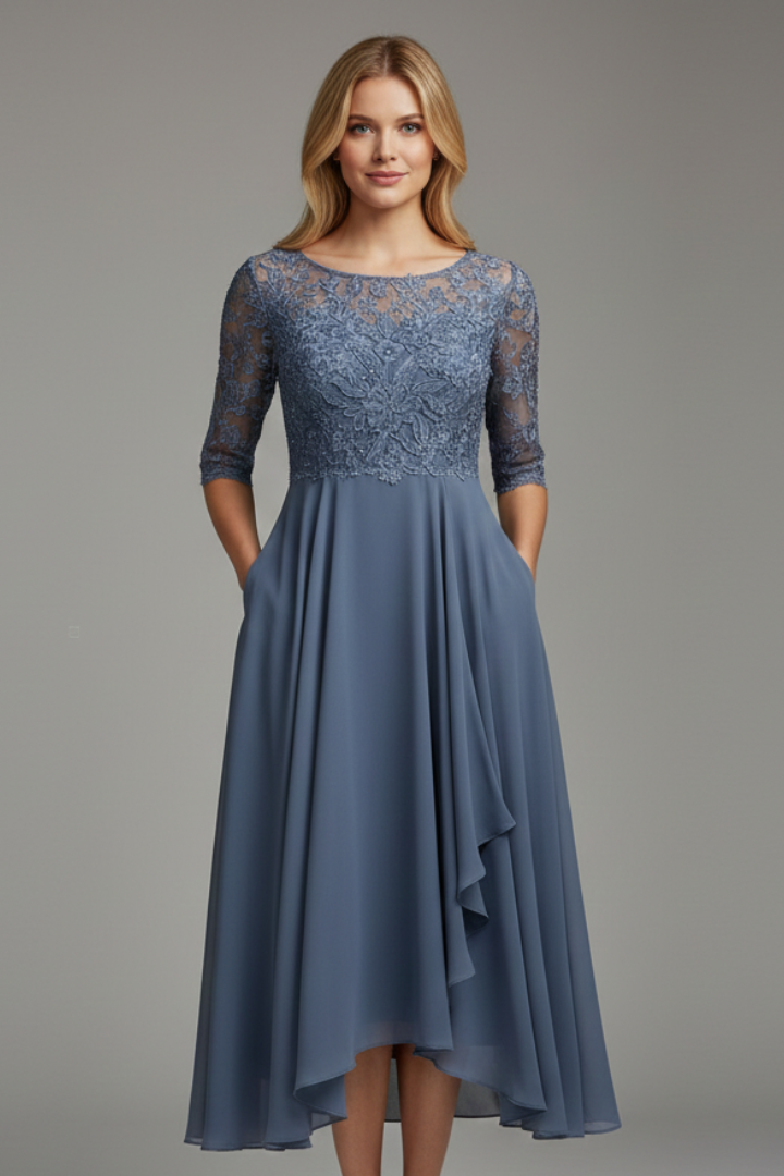 Dames midijurk met print en korte mouwen in Slate blue