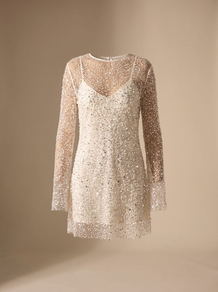 Dames mini glitter feestjurk met mesh (5)