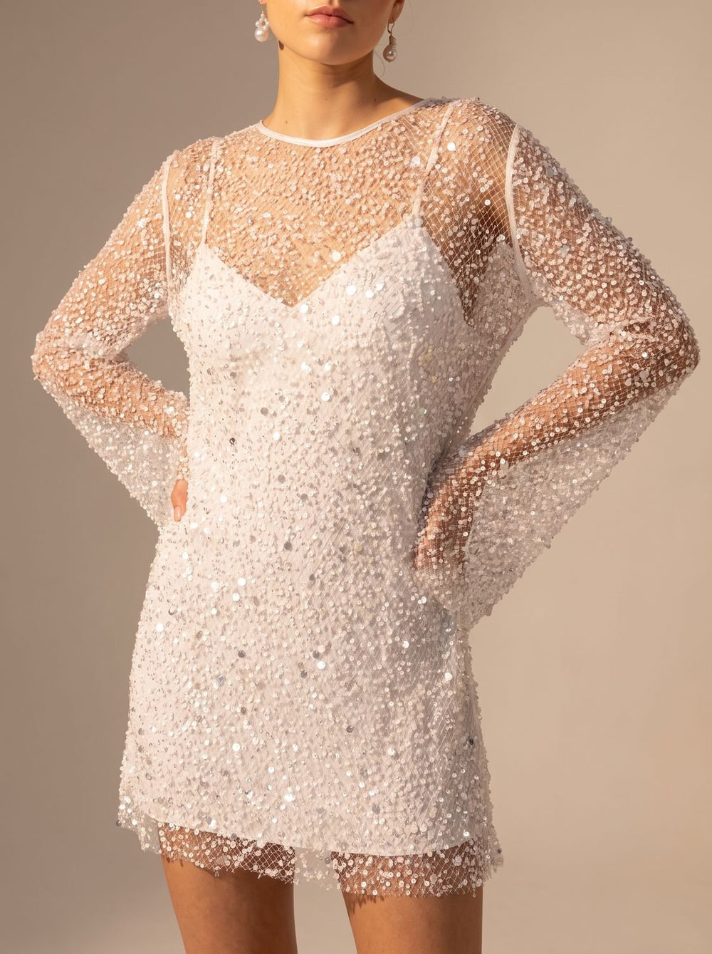 Dames mini glitter feestjurk met mesh in Wit