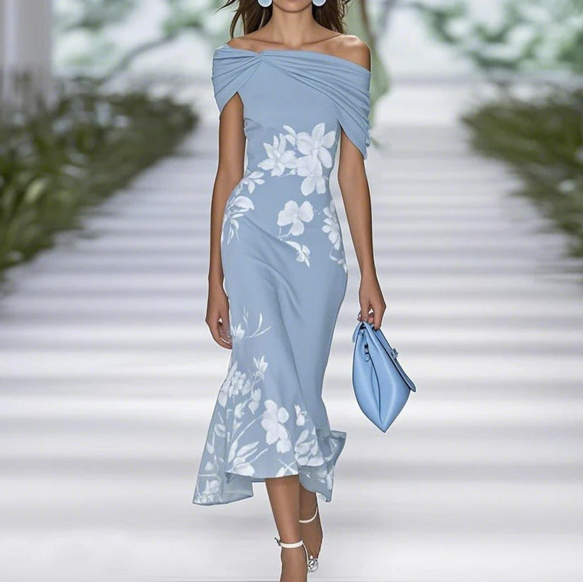 Dames Off-Shoulder Midi Bruiloftsjurk in Elegante Florale Print in Blauw