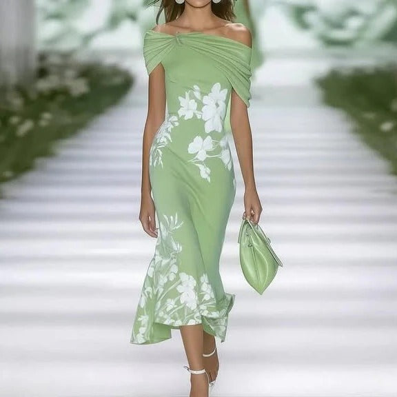 Dames Off-Shoulder Midi Bruiloftsjurk in Elegante Florale Print in Groen