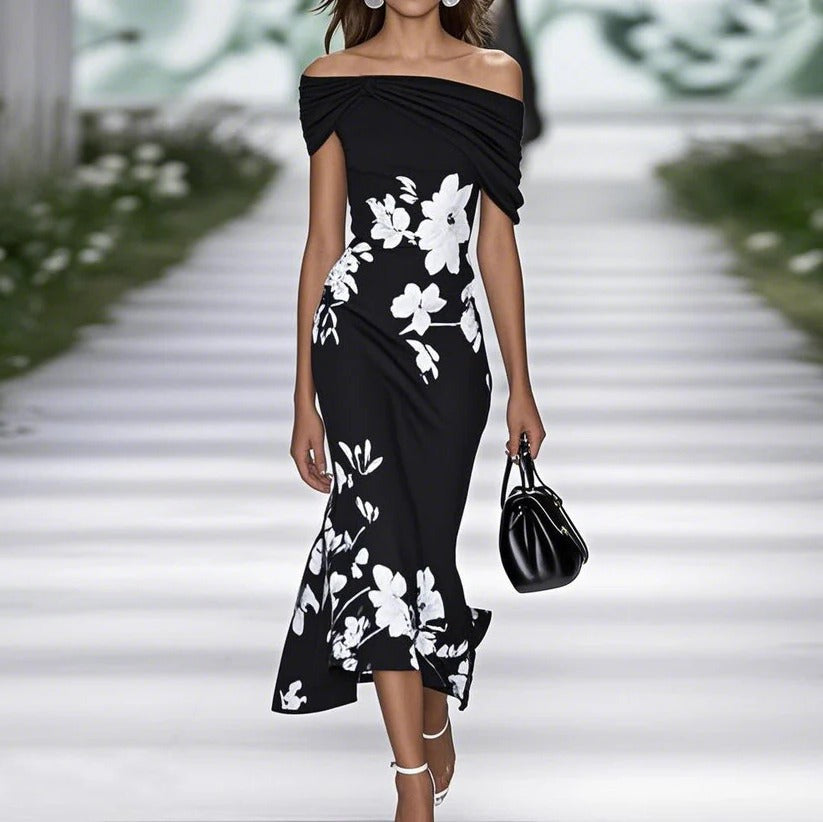 Dames Off-Shoulder Midi Bruiloftsjurk in Elegante Florale Print in Zwart