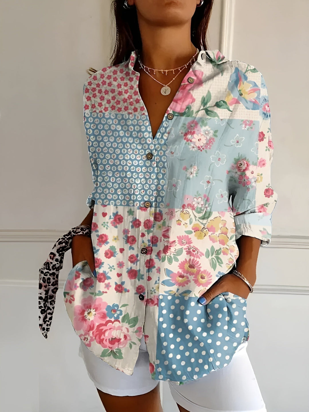 Dames Speelse Linnen Blouse in Blumen Blau
