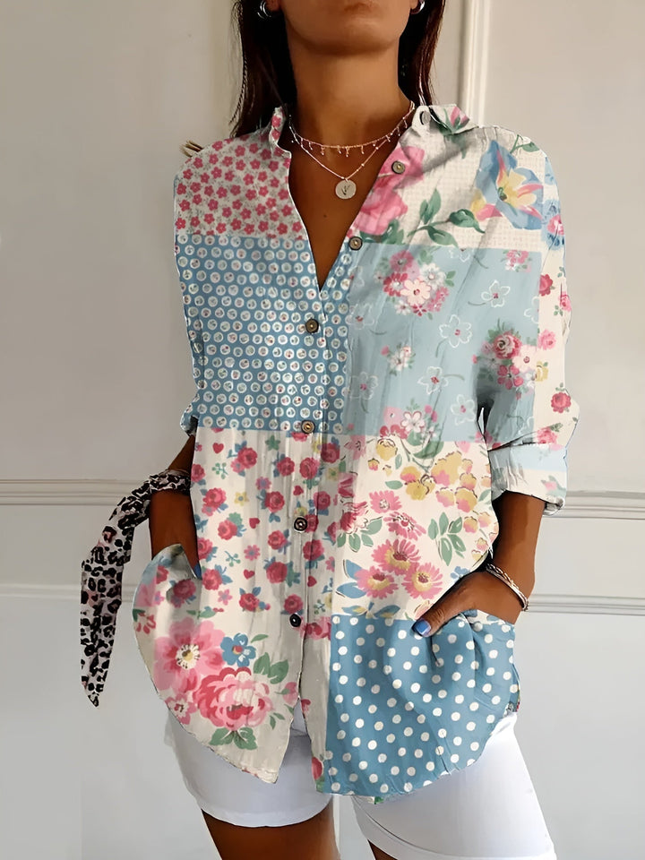 Dames Speelse Linnen Blouse in Blumen Blau