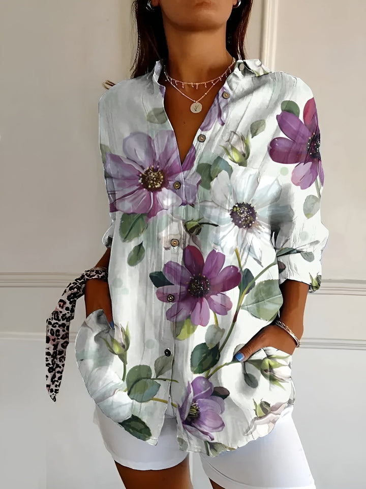 Dames Speelse Linnen Blouse in Lila Blumen