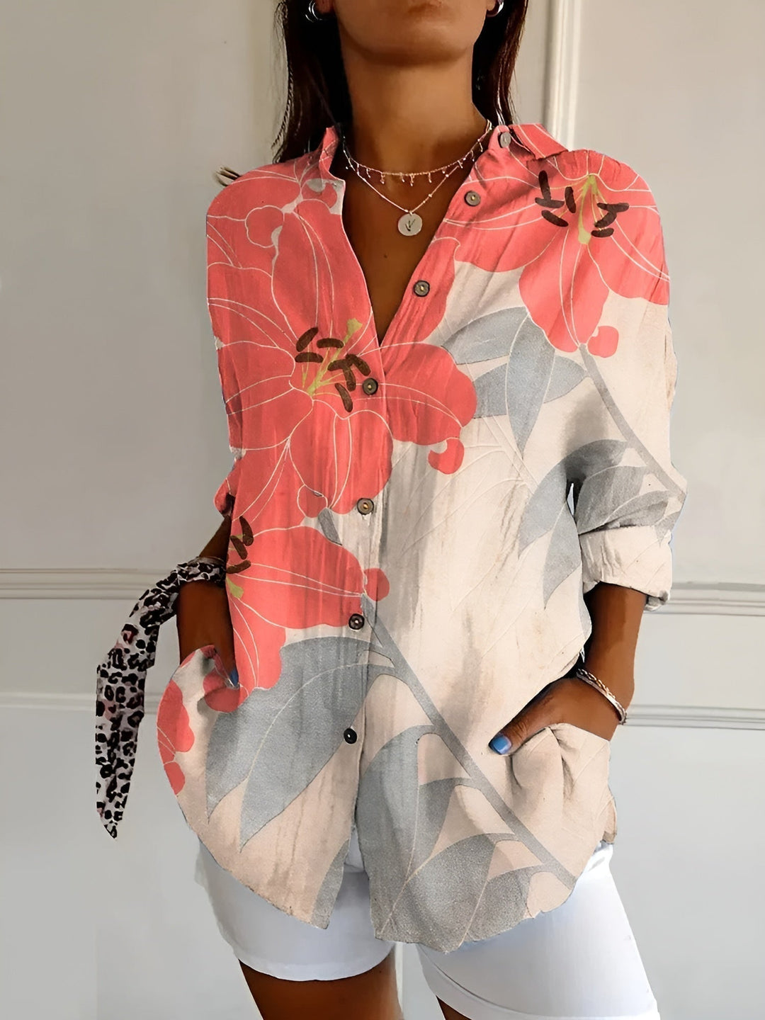 Dames Speelse Linnen Blouse in Orange/Grau Floral