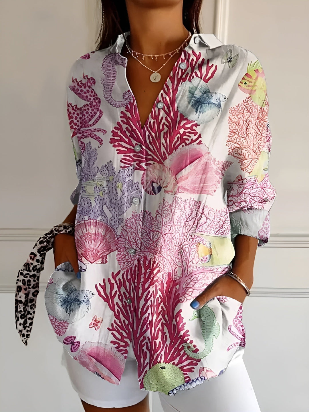 Dames Speelse Linnen Blouse in Roze